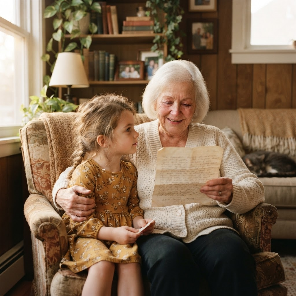 A grandmother reading a letter to her young grandchild in warm light