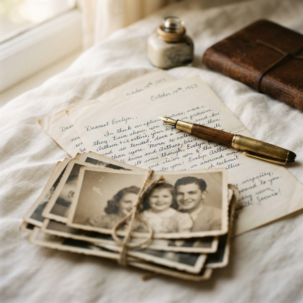 Handwritten letters, a fountain pen and vintage family photographs