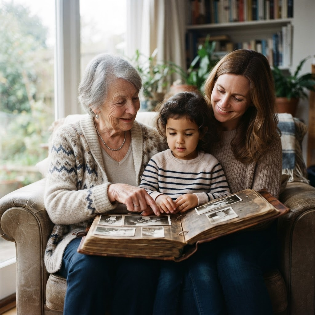 Three generations of a family looking through an old photo album together