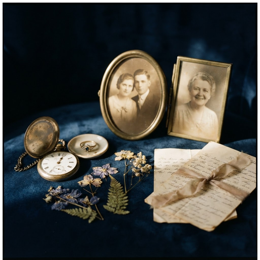 Treasured personal possessions and photographs lit by a soft beam of light